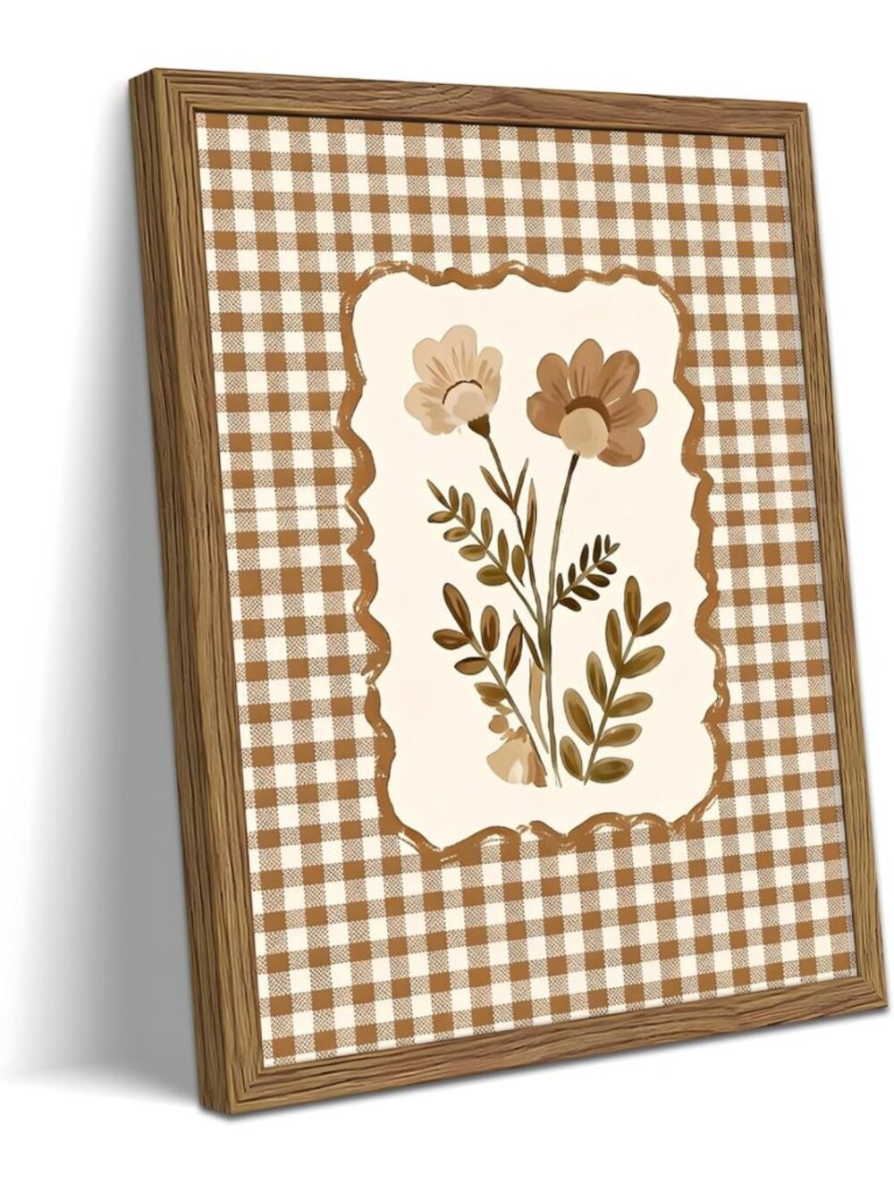 Vintage Floral Canvas Wall Art - Rustic Gingham Botanical Decor, Cottagecore